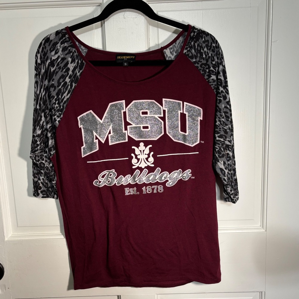 Statement MSU Bulldogs MS State Maroon Leopard Raglan Sleeve Shirt Small